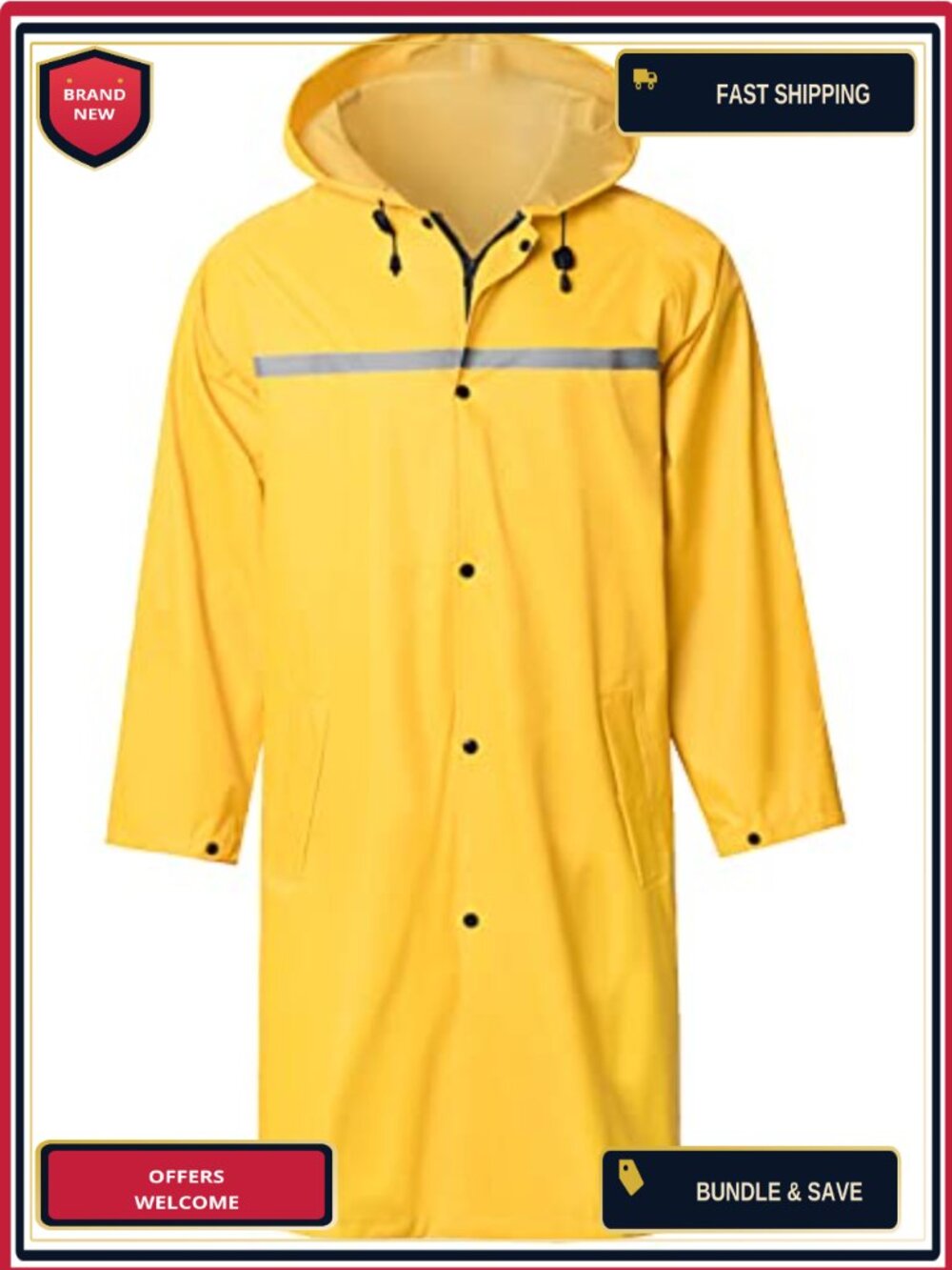 Men's Long Hooded Rain Jacket Waterproof Safety Reflective Poncho Polyester
